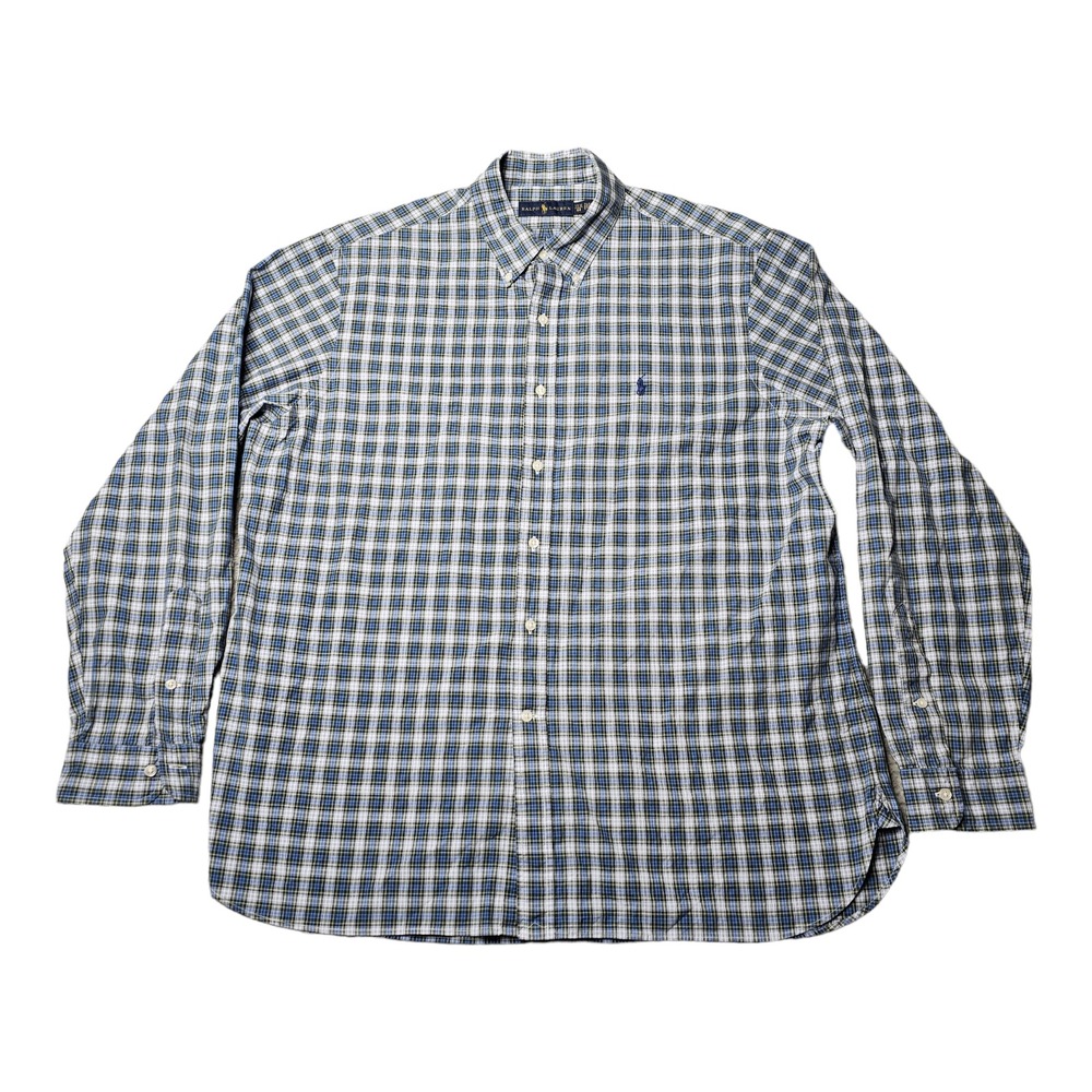 Ralph Lauren Button Down Shirt Men 17.5/44 Blue Green Plaid Long Sleeve Cotton